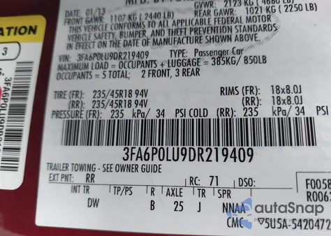 2013 Ford Fusion Hybrid Se from USA, damaged, VIN 3FA6P0LU9DR219409